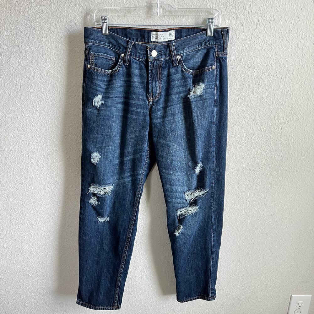 Abercrombie & Fitch Boyfriend Straight Jean Womens 6 Distressed Cotton Dark Wash